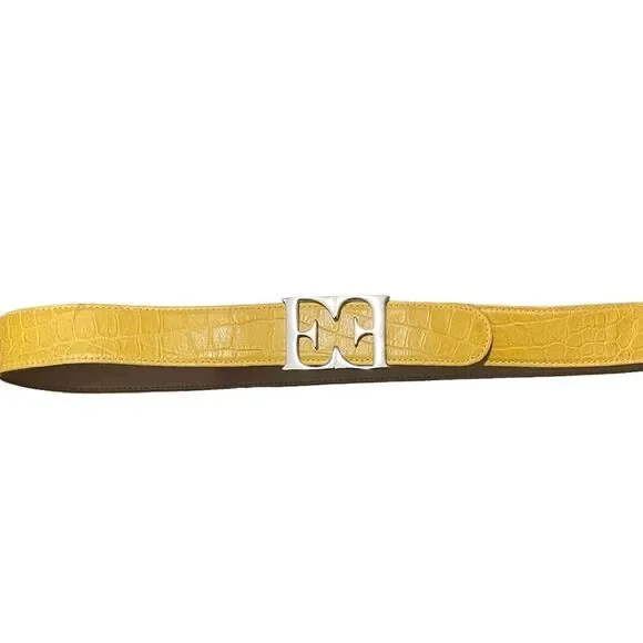 Vintage Escada made in Italy Gold and Yellow Croc-Embossed Belt Escada Vintage Clock Belt – Dina C main image 4